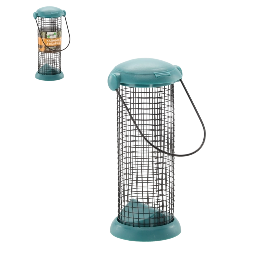 Závěsné krmítko pro ptáky s klapkou, kovové pletivo, 21 cm