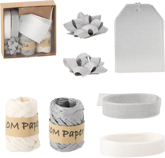 Vánoční sada na balení dárků – stříbrná a bílá, 11 dílů