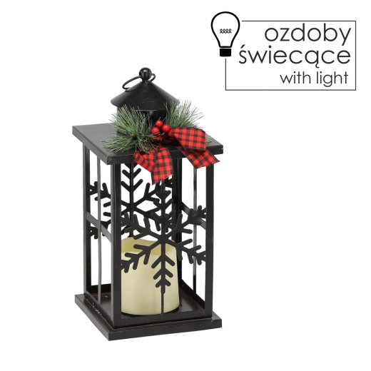 Vánoční kovový LED lampion se sněhovými vločkami, černý 31,5 cm