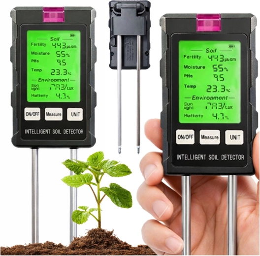 Digitální měřič půdy 6v1 s LCD – vlhkost, pH, teplota, světlo a úrodnost