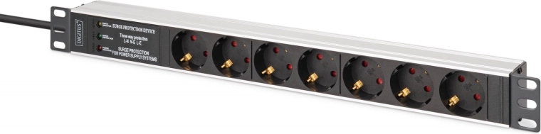 PDU lišta do racku 19" s přepěťovou ochranou a EMI/RFI filtrem, 7 zásuvek Schuko, kabel 2 m, vidlice CEE 7/7, 16 A