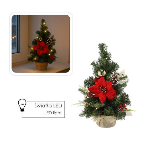 Stolní vánoční stromek 40 cm s teplými LED, červeno‑zlatý