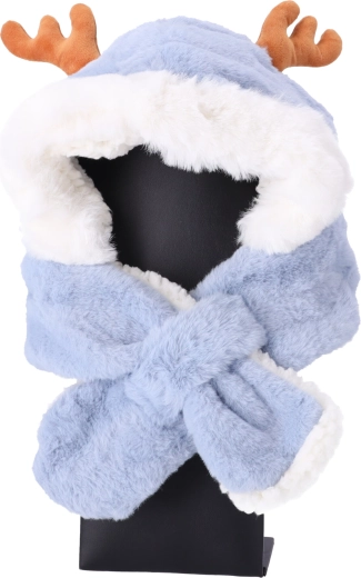 Dětská plyšová čepice s kapucí a šálou s jeleními oušky – světle modrá