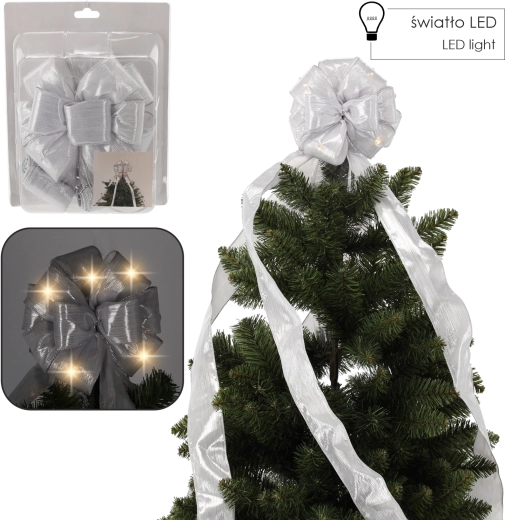 Stříbrná LED kokarda na špičku vánočního stromku 1,8 m