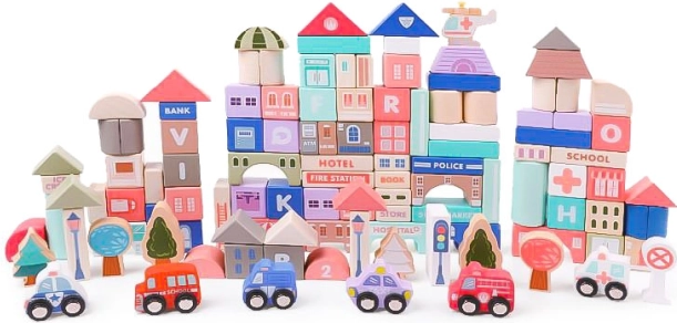 Dřevěné vzdělávací kostky město s podložkou 115 ks ECOTOYS