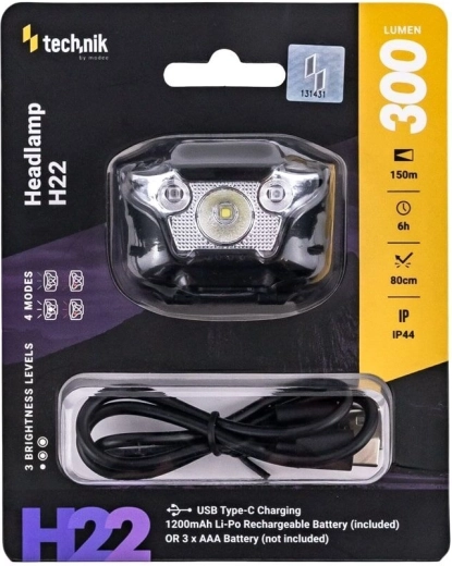 Technik čelovka H22 s USB‑C, bílým, červeným a zeleným světlem (300 lm)