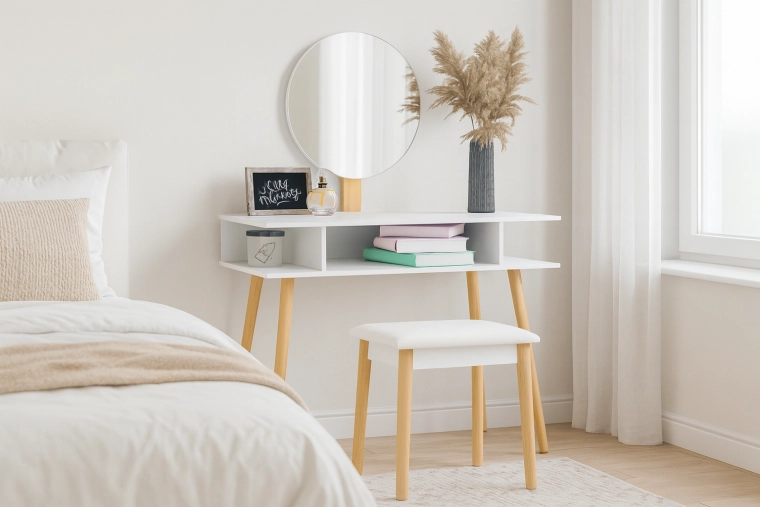 Bílá toaletka s kulatým zrcadlem a taburetem v retro stylu