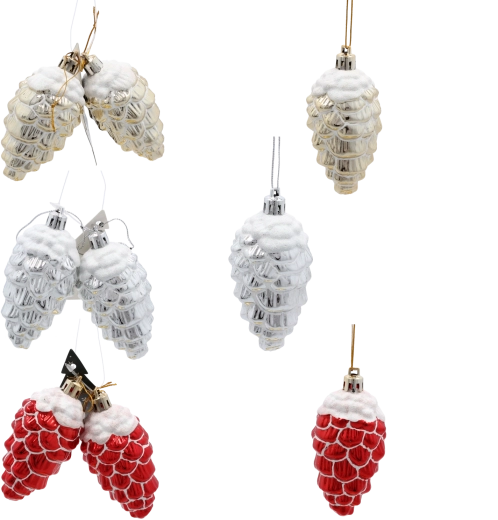 Sada vánočních ozdob šišky 9 cm – lesklé plastové v zlaté, stříbrné a červené