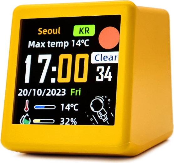 Chytrý elektronický budík s Wi‑Fi, LCD displejem a stanicí počasí (žlutý) - 1 kus