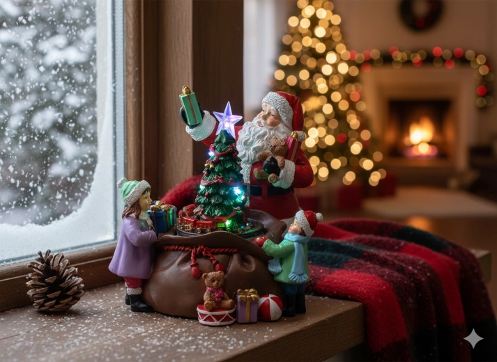 Vánoční hudební LED dekorace se Santou, stromečkem a dárky 20 × 19 × 19 cm