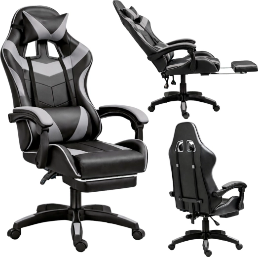 Herní kancelářská židle LEAN s výsuvnou opěrkou nohou, černošedá