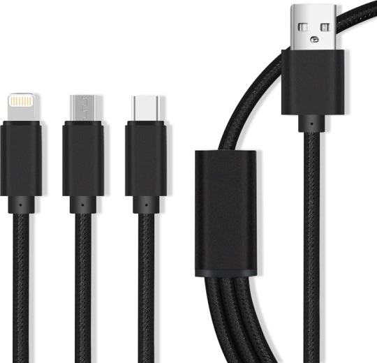 Maxlife nylonový nabíjecí kabel 3v1 Micro USB / USB-C / Lightning 2.1 A, černý