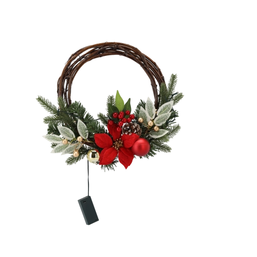 Závěsný vánoční věnec z proutí s LED, 30 cm, červeno‑zlatý