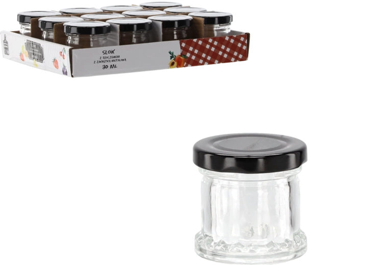 Skleněná dózička 30 ml s reliéfem a černým kovovým víčkem