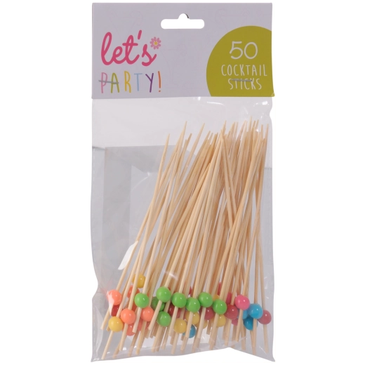 Bambusová koktejlová párátka s barevnými kuličkami 8 cm, 50 ks