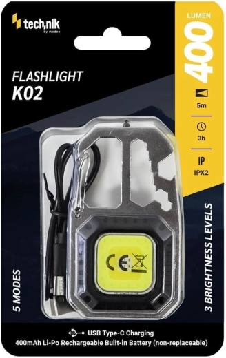 Technik MT-K02 přívěskové COB LED pracovní světlo s karabinou a USB‑C, 400 lm