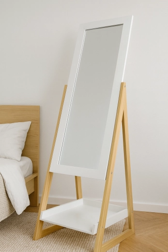Stojací zrcadlo s dřevěnými nohami a policí 40 × 36 × 150 cm