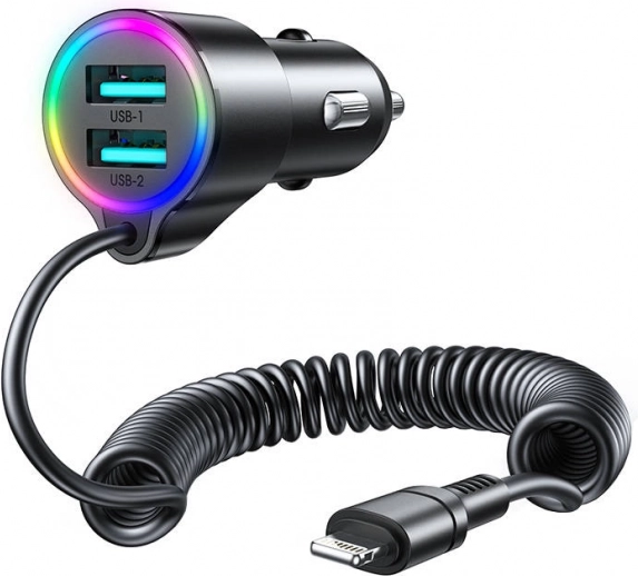 Nabíječka do auta Joyroom s 2x USB a Lightning kabelem černá