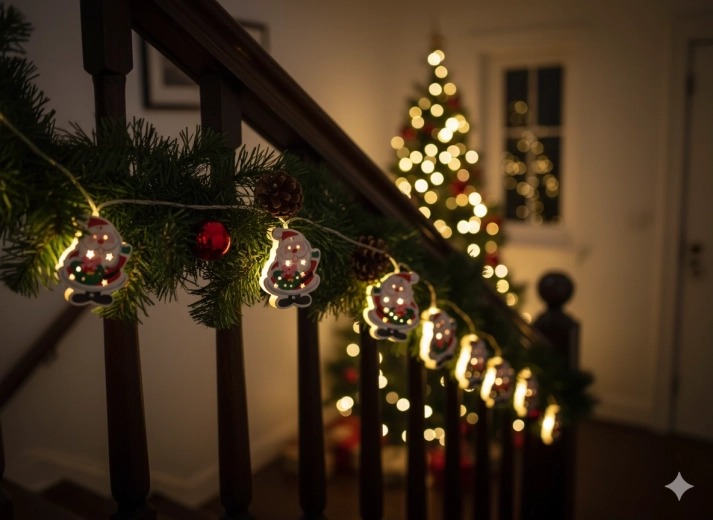 Dřevěný vánoční LED řetěz Santa, 10 světel na baterie