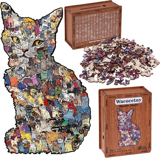 Dřevěné puzzle kočka 2v1 s krabičkou–pokladničkou (vintage), A3, 195 dílků