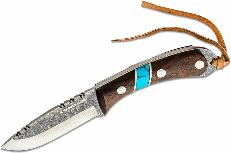 Závěsný nůž na krk CONDOR Blue River 5,9 cm, ořechové dřevo, tyrkys, kožené pouzdro