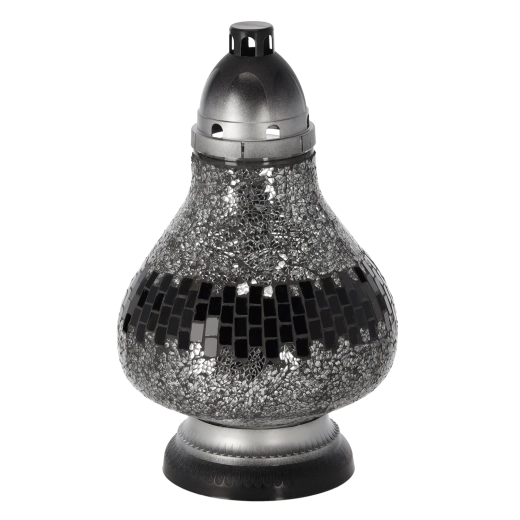 Skleněný hřbitovní svícen vitráž karafa, stříbrný, 34 cm, výdrž až 50 hodin