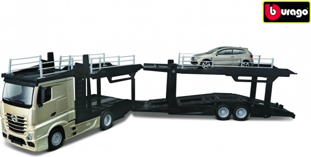 Bburago Street Fire kamion s návěsem Multicar Carrier Mercedes‑Benz Actros + VW Polo GTI 1:43