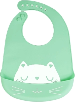 Silikonový bryndák s kapsou pro děti - zelený, kočka
