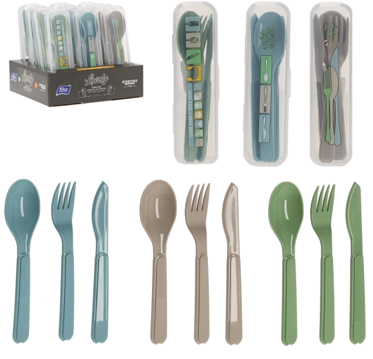 Plastový cestovní příbor v pouzdře – lžíce, vidlička a nůž, modrý