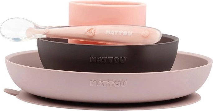 Nattou silikonový jídelní set 4 ks, růžovo‑fialový, bez BPA