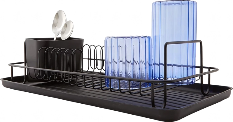 Odkapávač na nádobí s odkapávací miskou, černý, velký, s přihrádkou na příbory