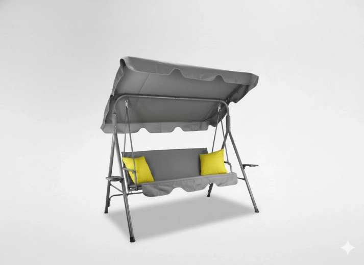 Zahradní houpačka A‑Type, šedá s limetkovými polštáři a držáky na nápoje