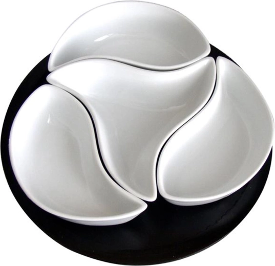 Sada keramických misek Větrník na otočném dřevěném podnose, 4 ks