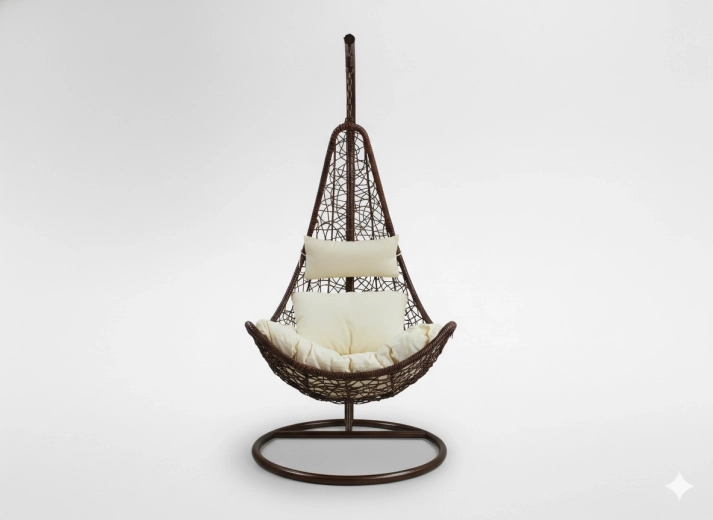 Závěsné křeslo tmavě hnědé s krémovým polštářem na samostatném stojanu