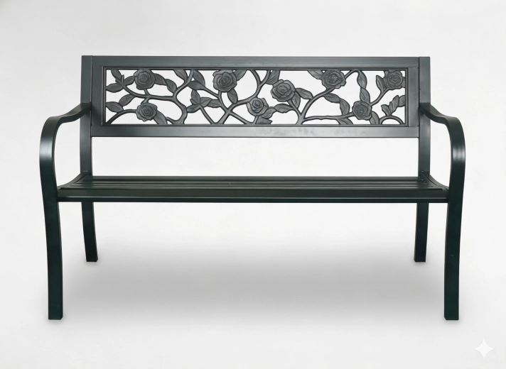 Zahradní kovová lavice s růžovým motivem, 125 × 53 × 77 cm