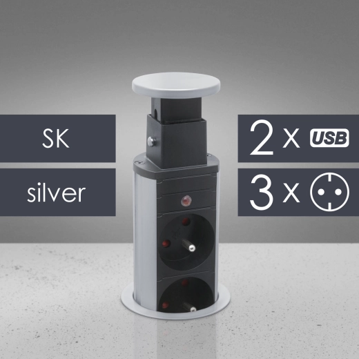 Výklopná stolní zásuvka se 3 zásuvkami a USB porty, stříbrná