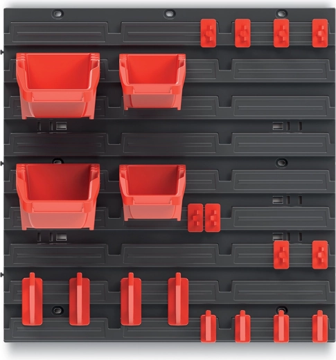 Závěsný panel na nářadí s 4 boxy a háčky Bineer