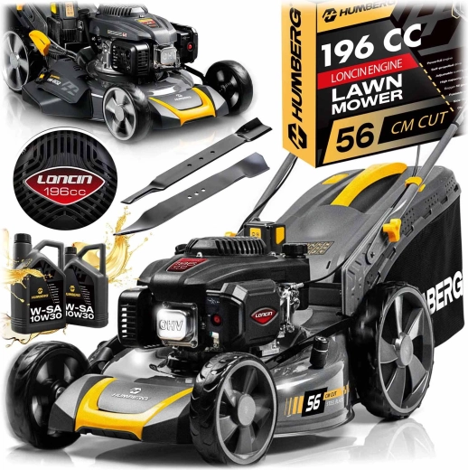 Benzínová sekačka s pojezdem 56 cm LONCIN 196 ccm, koš 70 l + olej Humberg HM-602