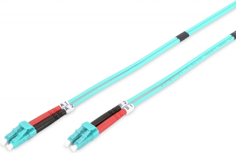 Patch kabel optický LC–LC duplex MM 50/125 OM3 LSOH 1 m tyrkysový