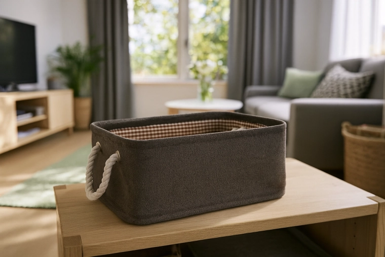 Textilní úložný košík s provázkovými uchy 22 × 32 × 14 cm – hnědý