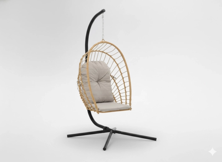 Závěsné houpací křeslo Eris, skládací, hnědé proutí, šedý polštář, černý stojan