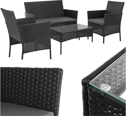 Zahradní nábytek z technoratanu černý GARDLOV – 2 křesla, dvoumístná pohovka a konferenční stolek