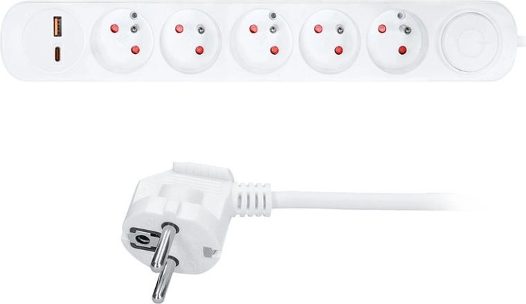 Solight prodlužovací přívod s 5 zásuvkami a USB A/C nabíjením, 3 m, bílý