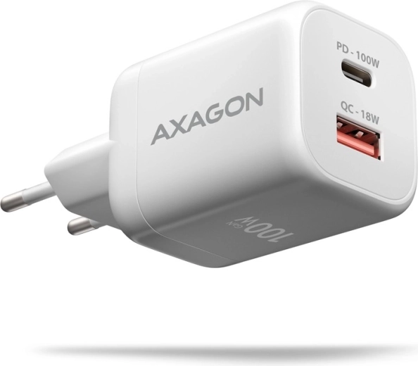 Síťová GaN nabíječka AXAGON 100 W se 2 porty USB-C a USB-A, bílá