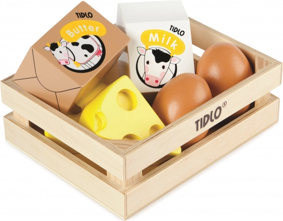 Tidlo dřevěná bedýnka s mléčnými výrobky a vejci