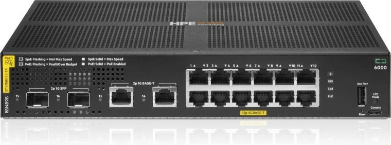 Aruba Networking CX 6000 spravovaný přepínač 12× Gigabit PoE+ (Class 4) + 2× Gigabit + 2× SFP, 139 W (R8N89B)