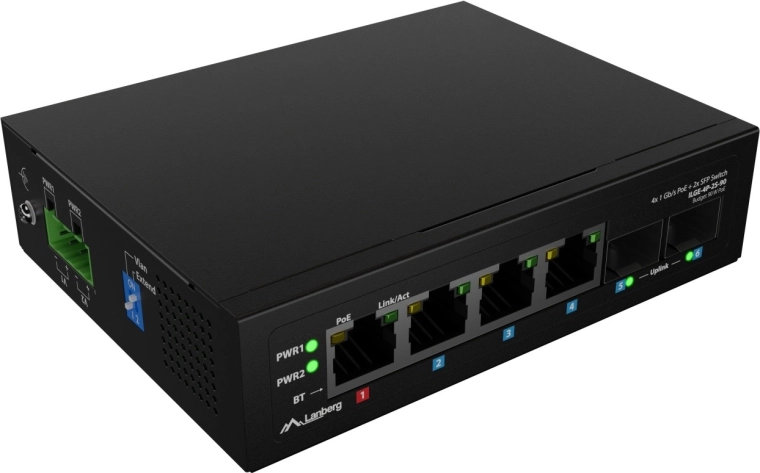 Lanberg lehký průmyslový PoE switch na DIN lištu 4× RJ45 + 2× SFP gigabit