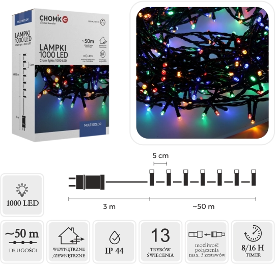 Led vánoční světelný řetěz 1000 diod multicolor 50 m, vnitřní/venkovní - 1 kus
