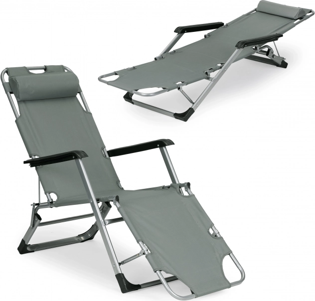 Zahradní skládací lehátko 2v1 s polohováním a podhlavníkem, šedé, MultiGarden