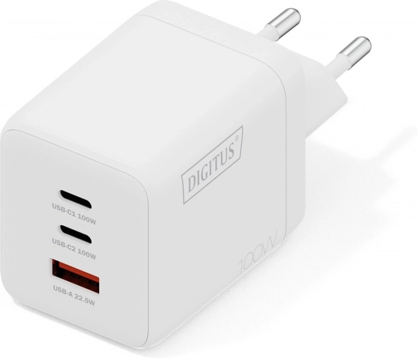 Nástěnná USB GaN nabíječka 100 W, 2× USB‑C a 1× USB‑A, bílá